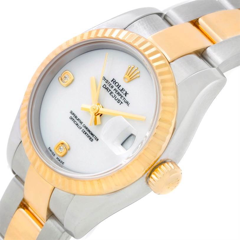 The image shows an angled view of a Rolex Datejust 179173 Women
s Steel and Gold (two tone) White Dial 179173 Women
s Steel and Gold (two tone) White Dial watch, highlighting the dial, bezel, crown, and part of the bracelet.