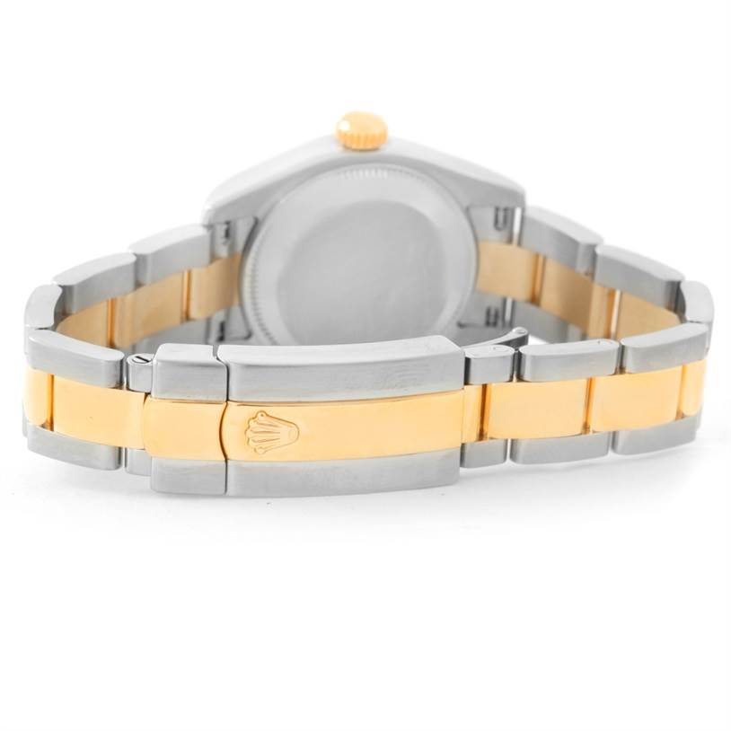 The image shows the back view and bracelet of a two-tone Rolex Datejust 179173 Women
s Steel and Gold (two tone) White Dial 179173 Women
s Steel and Gold (two tone) White Dial watch.