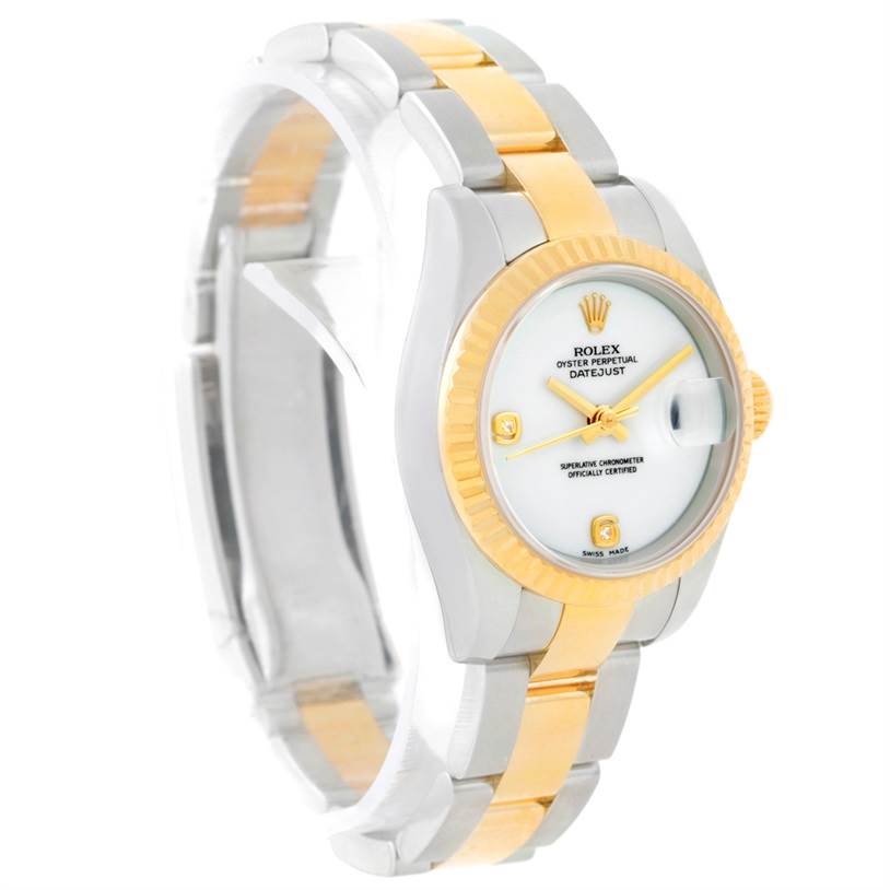 This Rolex Datejust 179173 Women
s Steel and Gold (two tone) White Dial 179173 Women
s Steel and Gold (two tone) White Dial watch is shown from a front angle, displaying the dial, bezel, crown, and part of the bracelet.