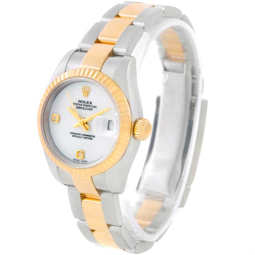 This image shows the Rolex Datejust 179173 Women
s Steel and Gold (two tone) White Dial 179173 Women
s Steel and Gold (two tone) White Dial watch at a three-quarter angle highlighting its gold and steel bracelet and white dial.
