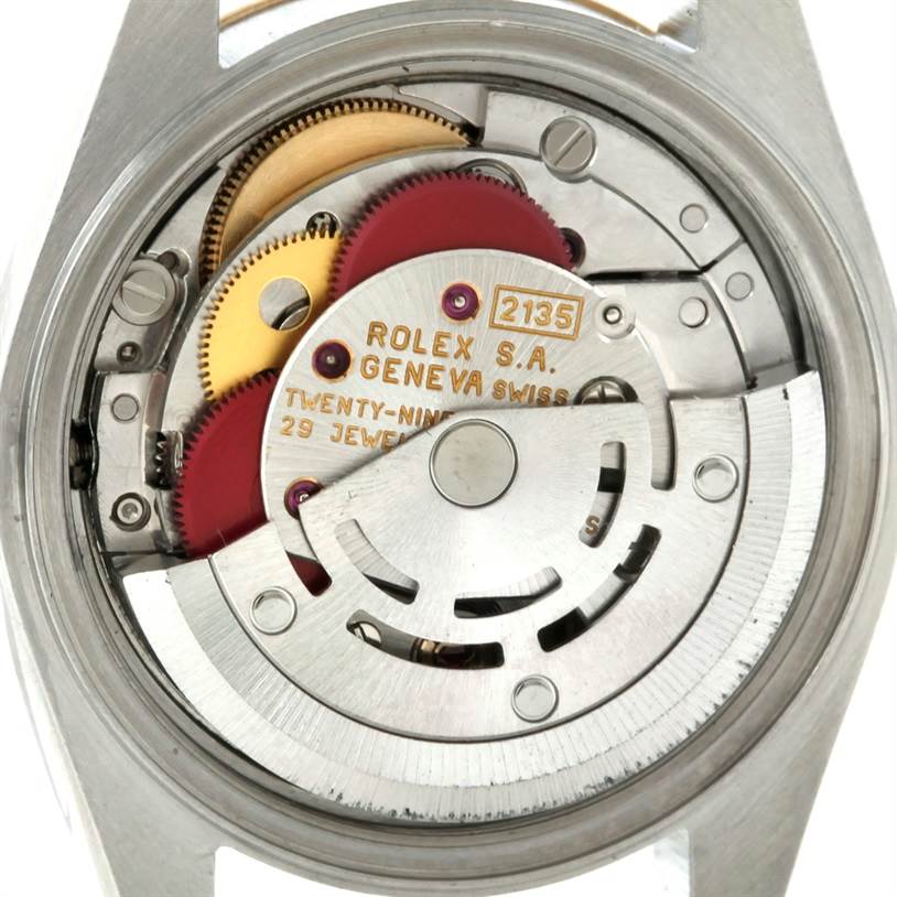 This image shows the internal movement mechanism of a Rolex Datejust 69173 Women
s Stainless Steel White Dial 69173 Women
s Stainless Steel White Dial model from a rear angle.