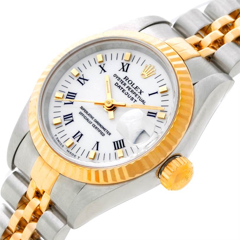 This image shows a close-up of the Rolex Datejust 69173 Women
s Stainless Steel White Dial 69173 Women
s Stainless Steel White Dial watch, focusing on the face, bezel, crown, and part of the bracelet.
