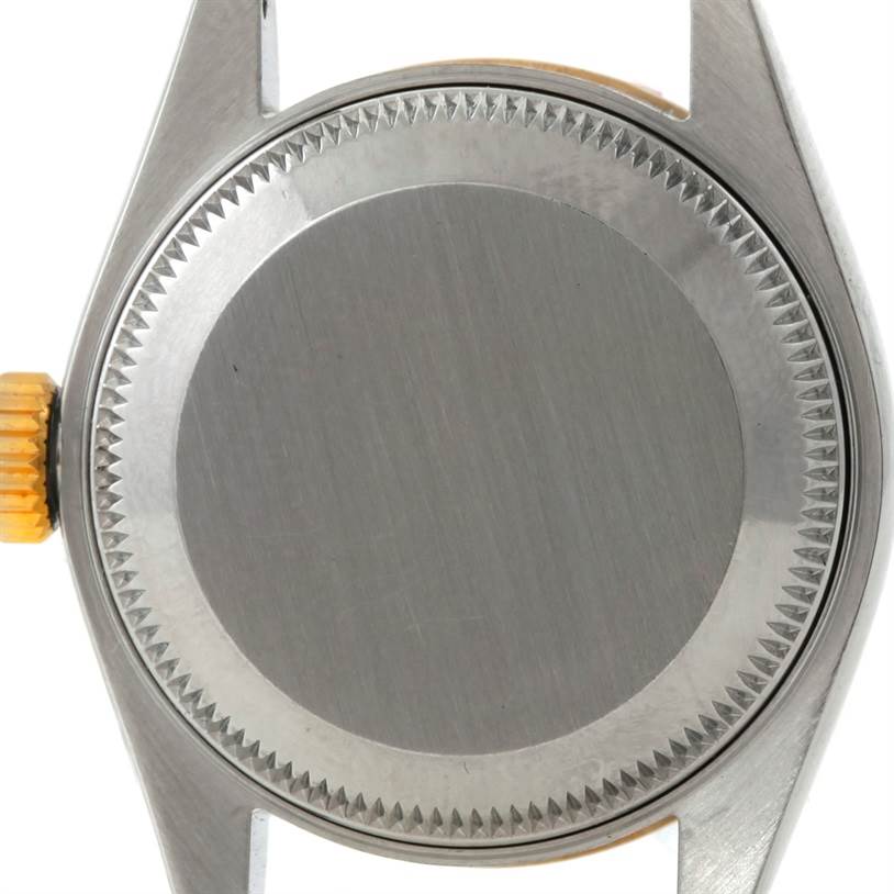 The image shows the case back and crown of a Rolex Datejust 69173 Women
s Stainless Steel White Dial 69173 Women
s Stainless Steel White Dial watch from a rear angle.