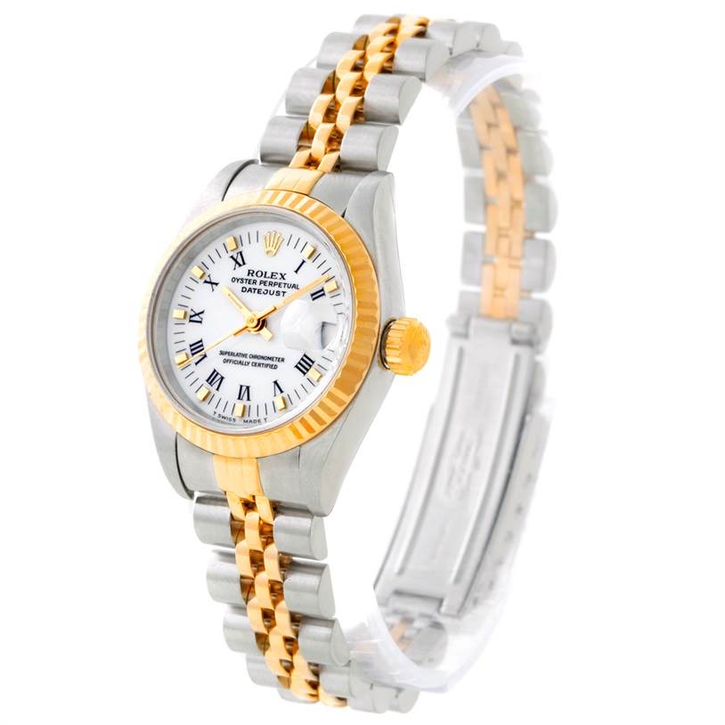 This image shows a Rolex Datejust 69173 Women
s Stainless Steel White Dial 69173 Women
s Stainless Steel White Dial watch from an angled side view, highlighting its bezel, dial, and bracelet.