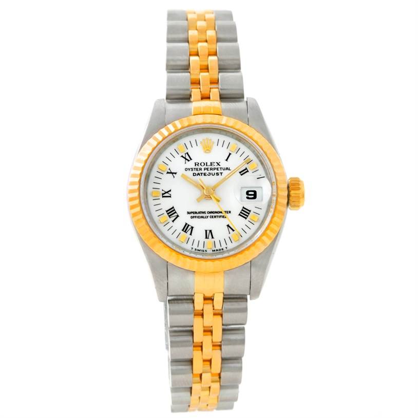 This image shows a Rolex Datejust 69173 Women
s Stainless Steel White Dial 69173 Women
s Stainless Steel White Dial watch from a direct front angle, displaying the dial, bezel, case, and bracelet.