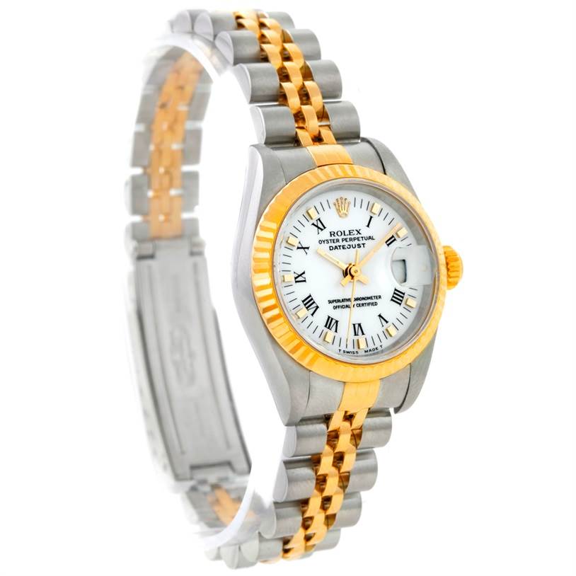 A Rolex Datejust 69173 Women
s Stainless Steel White Dial 69173 Women
s Stainless Steel White Dial watch is shown from a front angle, displaying the face, bezel, and two-tone bracelet.