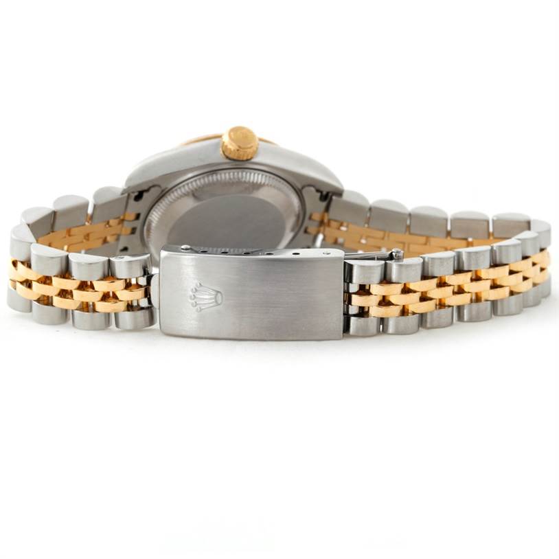 This image shows the back view of a Rolex Datejust 69173 Women
s Stainless Steel White Dial 69173 Women
s Stainless Steel White Dial watch, highlighting the two-tone bracelet and clasp with the Rolex logo.
