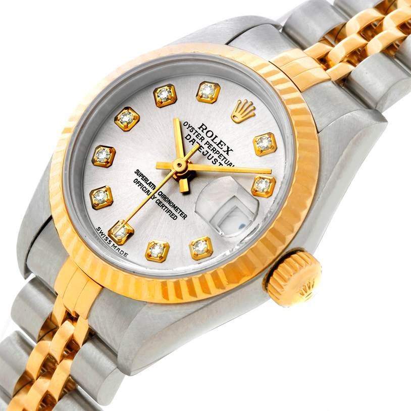 This image shows a Rolex Datejust 79173 Women's Stainless Steel Silver Dial 79173 Women's Stainless Steel Silver Dial watch angled slightly to display the dial, bezel, crown, and part of the bracelet.