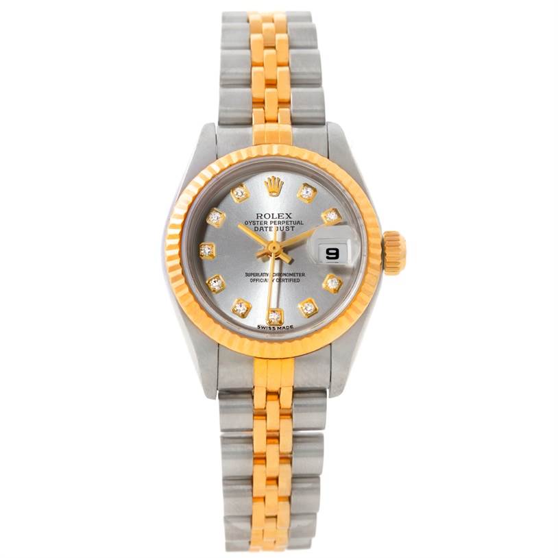 This is a Datejust Rolex watch shown from a top-down angle, featuring a fluted bezel, jubilee bracelet, and date display.