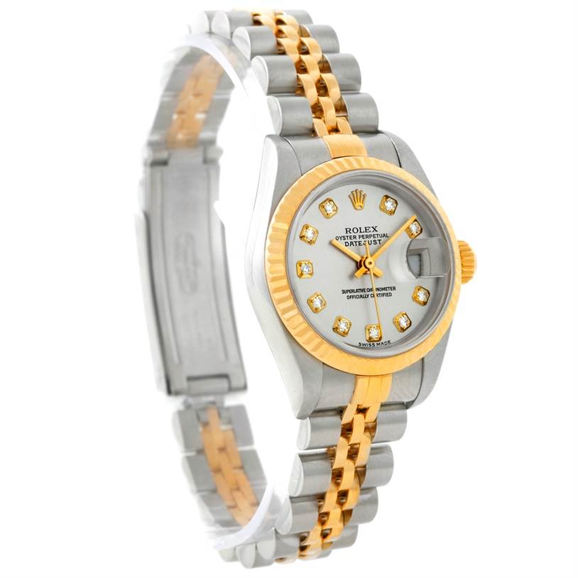 The image shows a side angle of the Rolex Datejust 79173 Women's Stainless Steel Silver Dial 79173 Women's Stainless Steel Silver Dial watch, highlighting its two-tone bracelet, bezel, and dial with diamond markers.