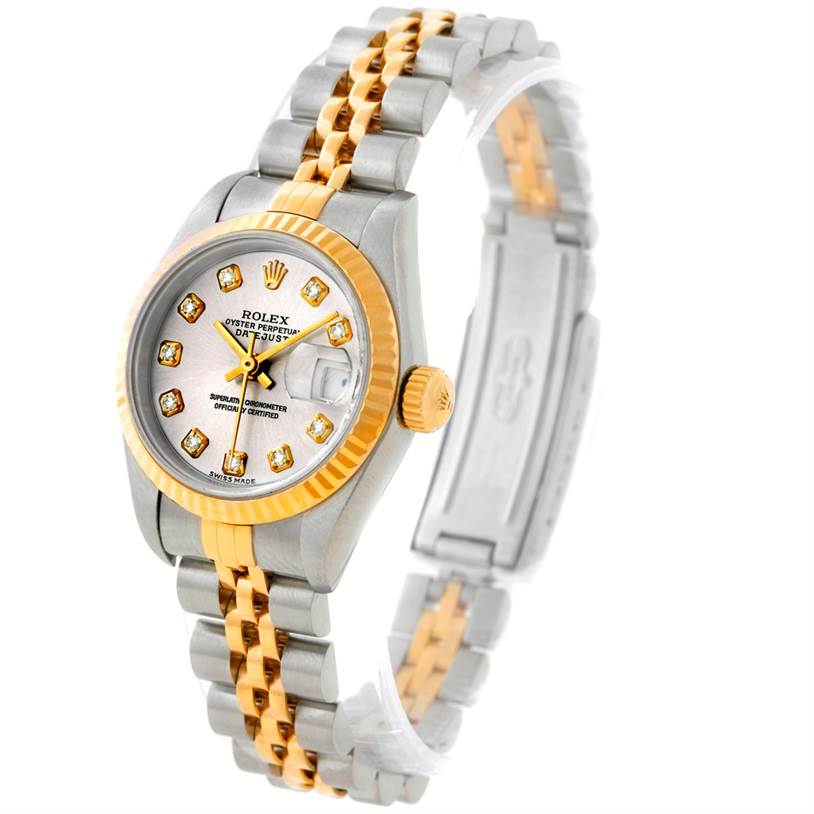 This Rolex Datejust 79173 Women's Stainless Steel Silver Dial 79173 Women's Stainless Steel Silver Dial watch is shown at an angle displaying its face, bezel, crown, and bracelet.