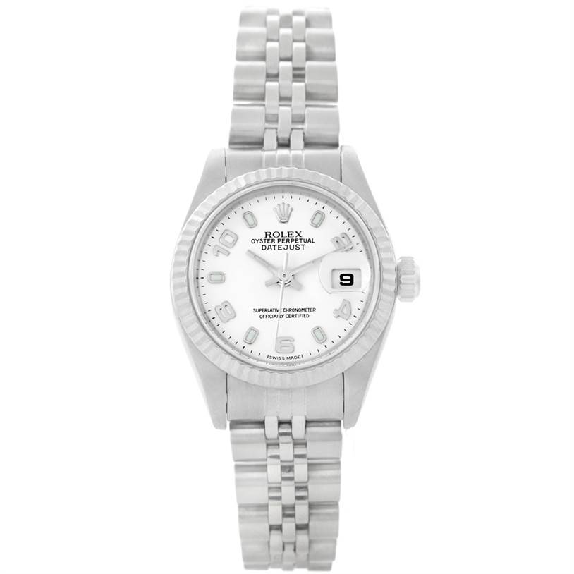 This image shows a front view of a Rolex Datejust 79174 Women
s Stainless Steel White Dial 79174 Women
s Stainless Steel White Dial model watch, displaying its dial, bezel, and bracelet.