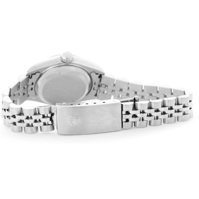 The image shows the back side and bracelet of a Rolex Datejust 79174 Women
s Stainless Steel White Dial 79174 Women
s Stainless Steel White Dial watch, highlighting the clasp and case back.