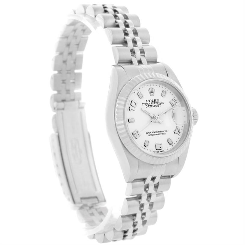 The image shows a Rolex Datejust 79174 Women
s Stainless Steel White Dial 79174 Women
s Stainless Steel White Dial watch at a side angle, highlighting its dial, bezel, and bracelet.