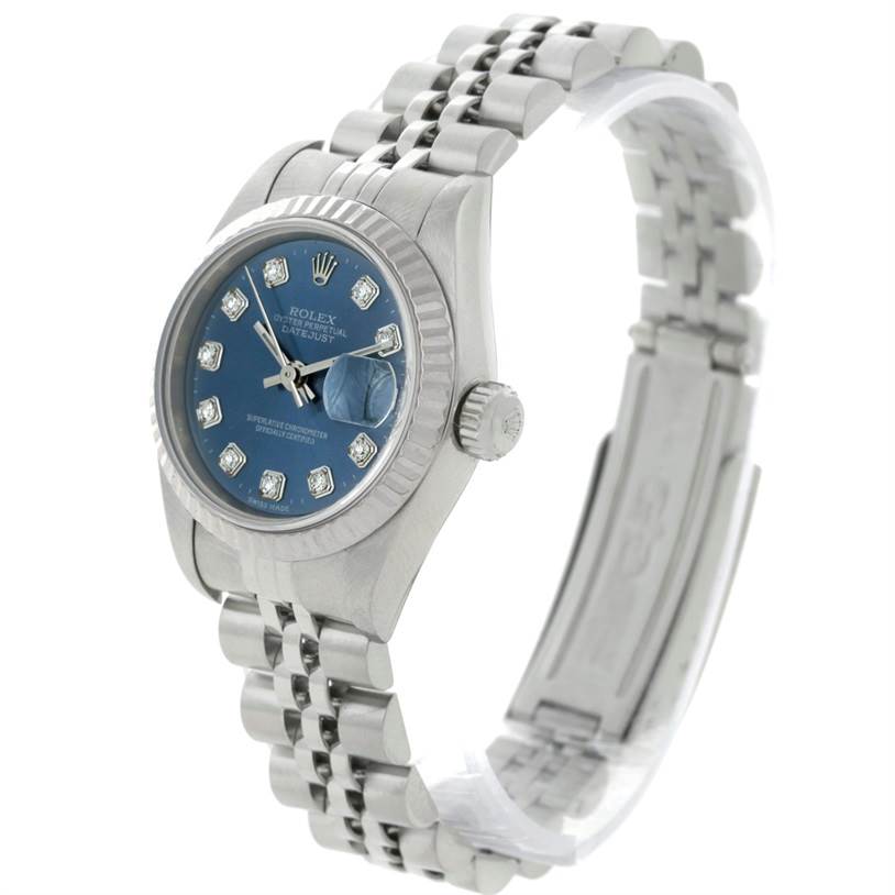 The image shows a side and partial top angle of the Rolex Datejust 79174 Women's Stainless Steel Blue Dial 79174 Women's Stainless Steel Blue Dial watch, highlighting the dial, bezel, crown, and bracelet.