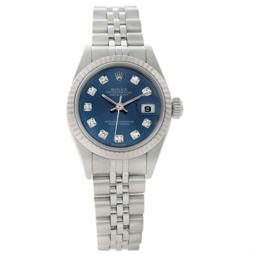 The image shows a frontal view of the Rolex Datejust 79174 Women's Stainless Steel Blue Dial 79174 Women's Stainless Steel Blue Dial watch, highlighting its blue dial, date window, and metal bracelet.
