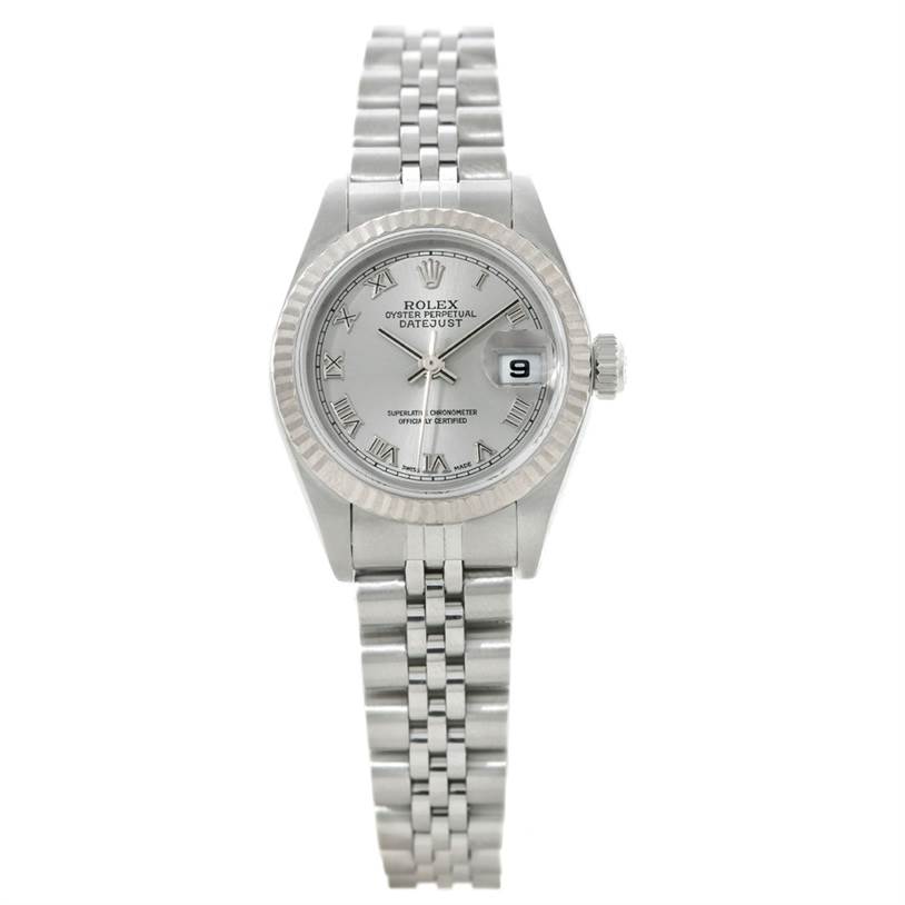 The Rolex Datejust 79174 Women's Stainless Steel Silver Dial 79174 Women's Stainless Steel Silver Dial watch is shown from a front angle, highlighting the dial, bezel, crown, and Jubilee bracelet.