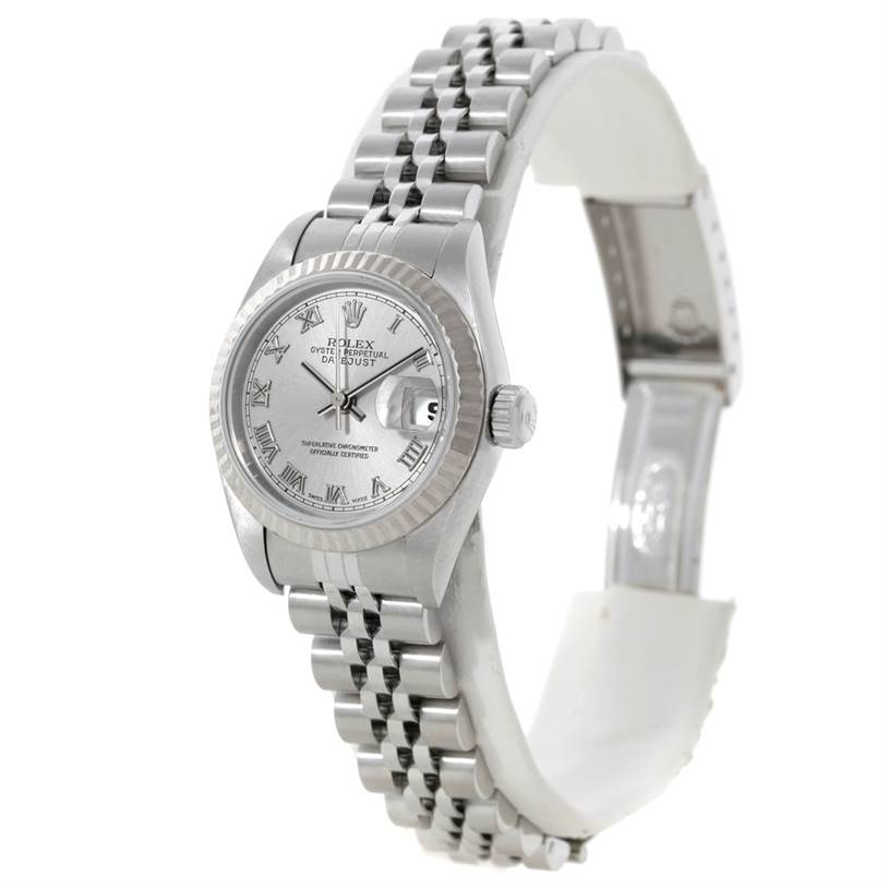 The image shows a Rolex Datejust 79174 Women's Stainless Steel Silver Dial 79174 Women's Stainless Steel Silver Dial watch angled slightly from the front, displaying the dial, bezel, and bracelet.