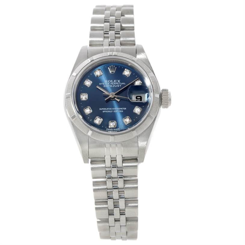 The image shows a front view of the Rolex Datejust 79190 Women's Stainless Steel Blue Dial 79190 Women's Stainless Steel Blue Dial watch, including its silver bracelet, blue dial, and the date window at 3 o'clock.