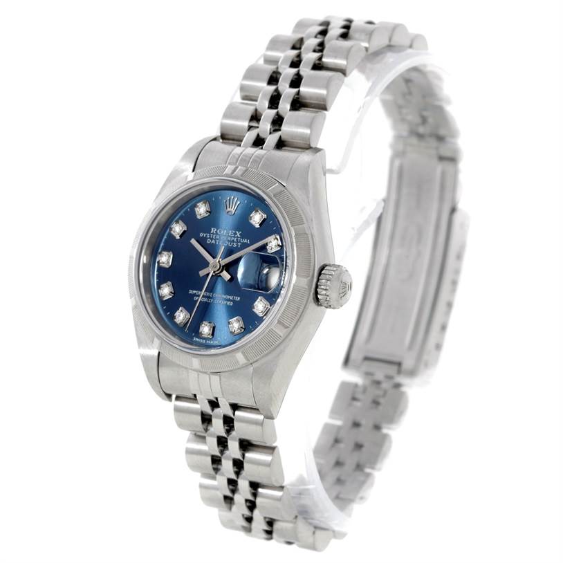 The image shows a Rolex Datejust 79190 Women's Stainless Steel Blue Dial 79190 Women's Stainless Steel Blue Dial watch at a slight angle, displaying its face, bezel, crown, and Jubilee bracelet.