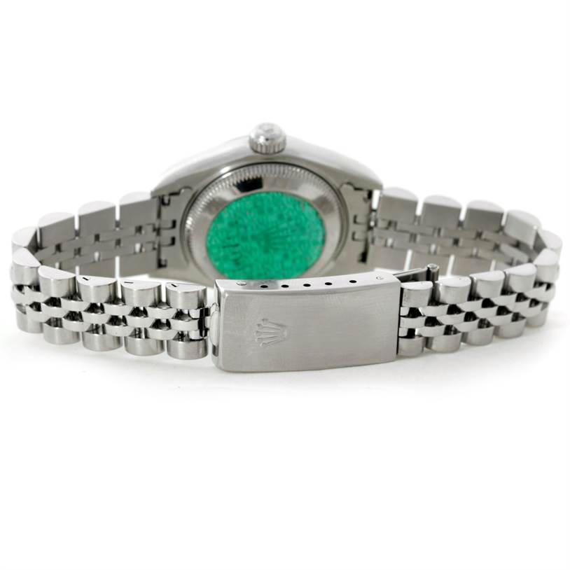 The image shows the backside and bracelet clasp of a Rolex Datejust 79190 Women's Stainless Steel Blue Dial 79190 Women's Stainless Steel Blue Dial watch with a view of the case back and Jubilee bracelet.