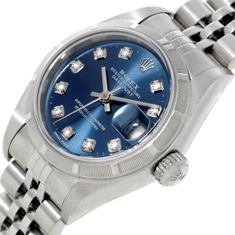This image shows a close-up angled view of the Rolex Datejust 79190 Women's Stainless Steel Blue Dial 79190 Women's Stainless Steel Blue Dial watch, displaying the dial, bezel, crown, and part of the bracelet.