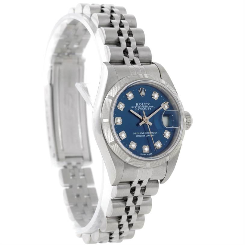 The Rolex Datejust 79190 Women's Stainless Steel Blue Dial 79190 Women's Stainless Steel Blue Dial watch is shown at an angle highlighting the blue dial, fluted bezel, and Jubilee bracelet.
