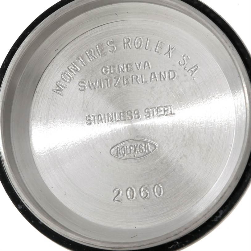 This is the inside view of the case back of a Rolex Datejust 79190 Women's Stainless Steel Blue Dial 79190 Women's Stainless Steel Blue Dial watch, showing engravings that include "Stainless Steel" and model number "2060."