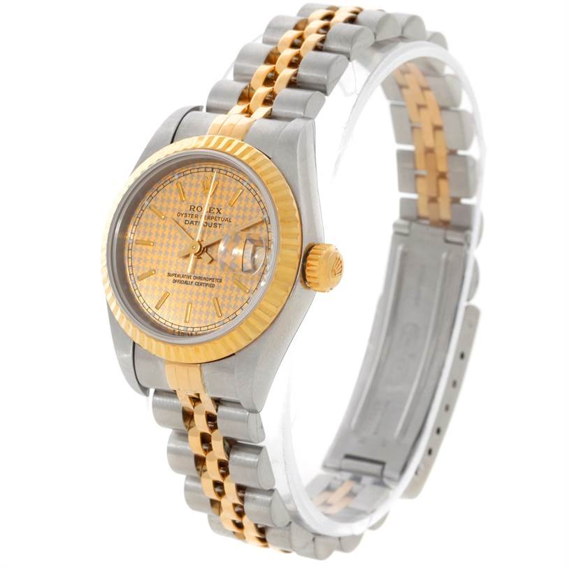 The image shows a Rolex Datejust 69173 Women's Stainless Steel Champagne Dial 69173 Women's Stainless Steel Champagne Dial watch at a three-quarter angle, highlighting the face, bezel, crown, and two-tone bracelet.
