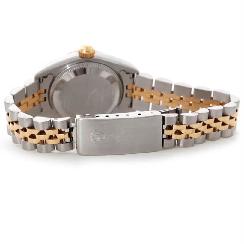The image shows the back view of a Rolex Datejust 69173 Women's Stainless Steel Champagne Dial 69173 Women's Stainless Steel Champagne Dial watch, highlighting the bracelet and clasp.