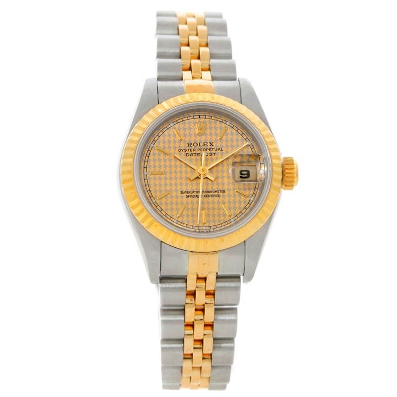 The Rolex Datejust 69173 Women's Stainless Steel Champagne Dial 69173 Women's Stainless Steel Champagne Dial watch is shown from a frontal angle, displaying its bracelet, dial, bezel, and date window.