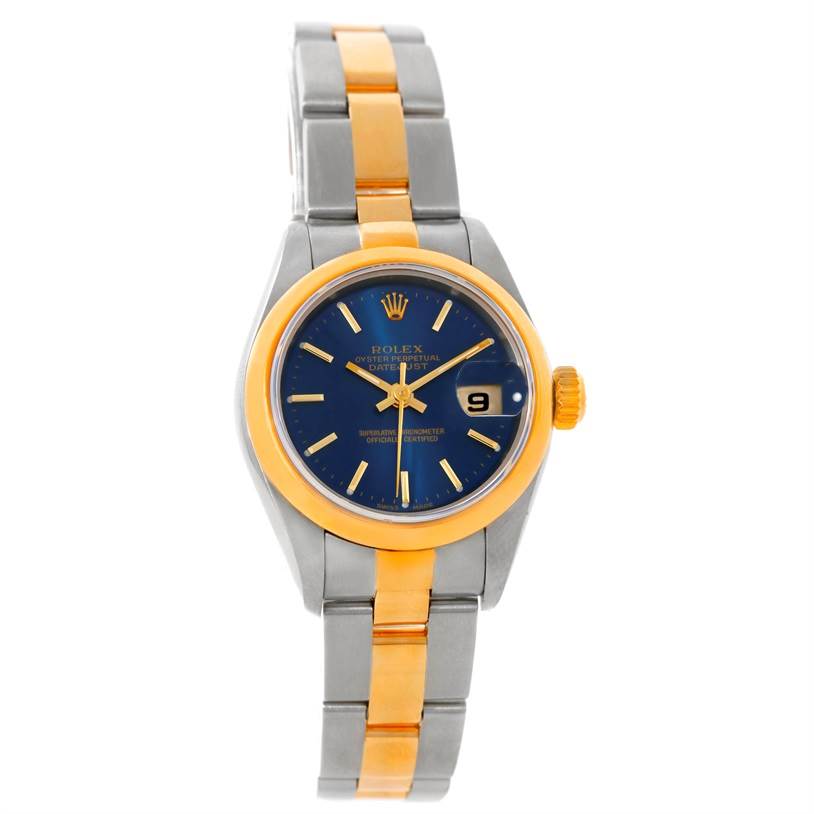 The image shows a front view of a Rolex Datejust 69163 Women's Stainless Steel Blue Dial 69163 Women's Stainless Steel Blue Dial watch, highlighting its face, bezel, and bracelet.