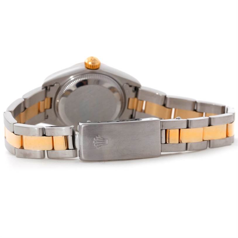 This image shows the Rolex Datejust 69163 Women's Stainless Steel Blue Dial 69163 Women's Stainless Steel Blue Dial watch from the back, highlighting the clasp, bracelet, and case back.