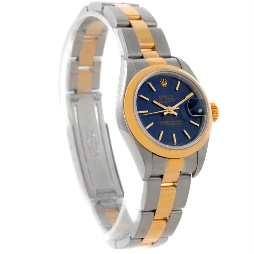 The image shows a Rolex Datejust 69163 Women's Stainless Steel Blue Dial 69163 Women's Stainless Steel Blue Dial watch at a three-quarter angle, displaying its two-tone bracelet and blue dial.