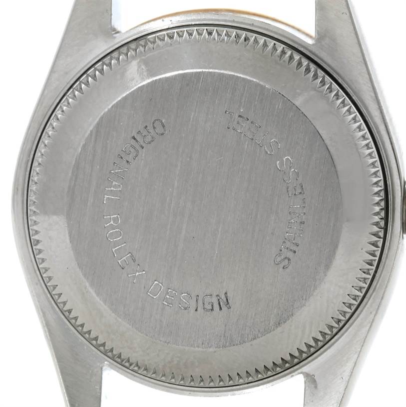 The image shows the back case of a Rolex Datejust 69173 Women's Stainless Steel Pink Dial 69173 Women's Stainless Steel Pink Dial watch from a direct, straight-on angle.