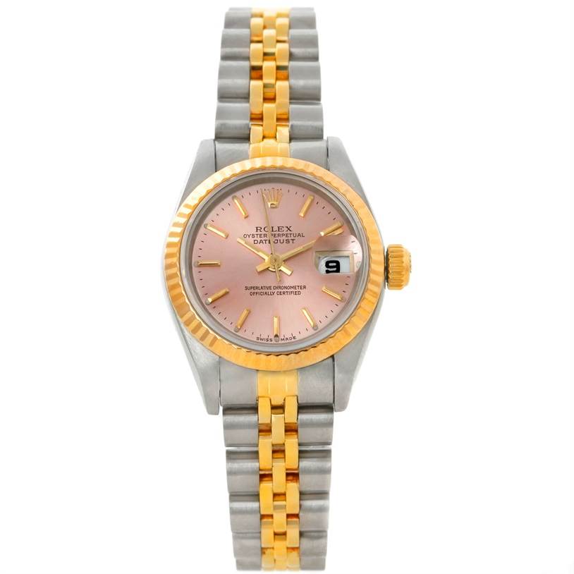 This image shows a front view of a Rolex Datejust 69173 Women's Stainless Steel Pink Dial 69173 Women's Stainless Steel Pink Dial watch, featuring the dial, bezel, bracelet, and crown.