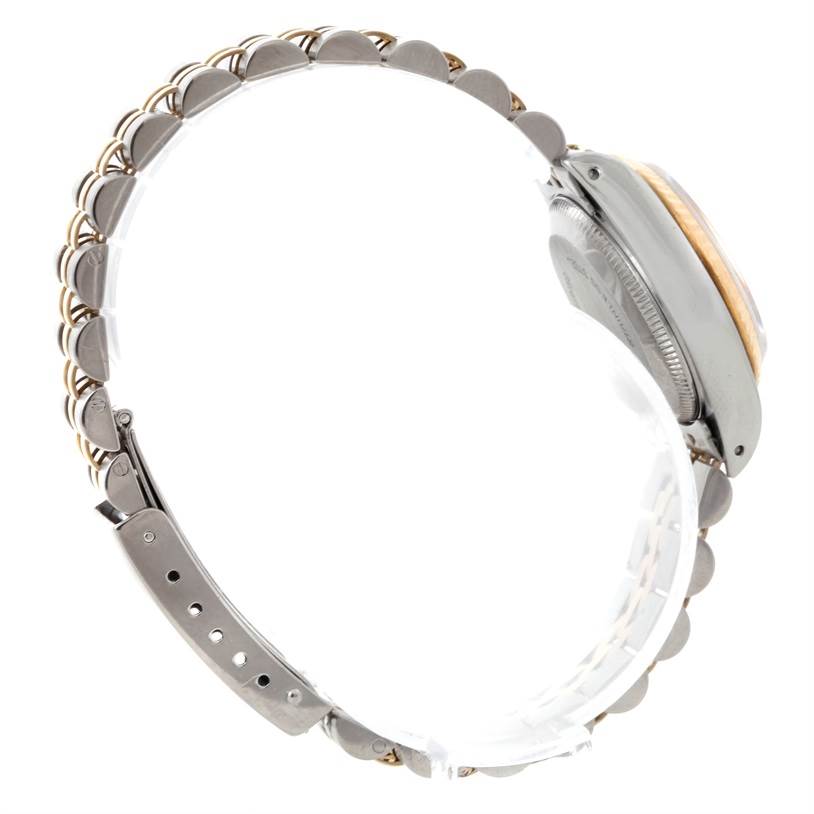 The image shows the side profile and bracelet of a Rolex Datejust 69173 Women's Stainless Steel Pink Dial 69173 Women's Stainless Steel Pink Dial watch, highlighting the clasp and part of the case.