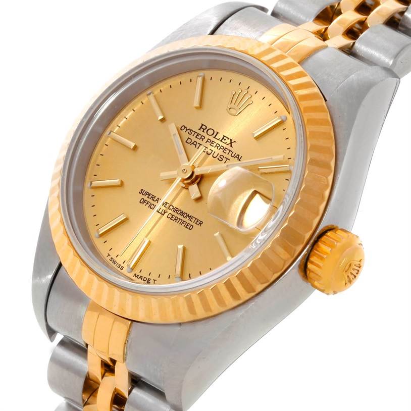 The image shows a close-up angled view of a Rolex Datejust 79173 Women's Stainless Steel Champagne Dial 79173 Women's Stainless Steel Champagne Dial watch, focusing on its dial, bezel, crown, and part of the bracelet.