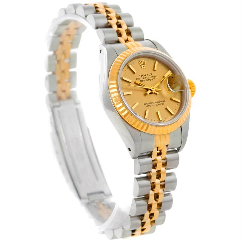 The image shows a side and partial top view of a Rolex Datejust 69173 Women's Stainless Steel Champagne Dial 69173 Women's Stainless Steel Champagne Dial watch, highlighting the dial, bezel, and bracelet.