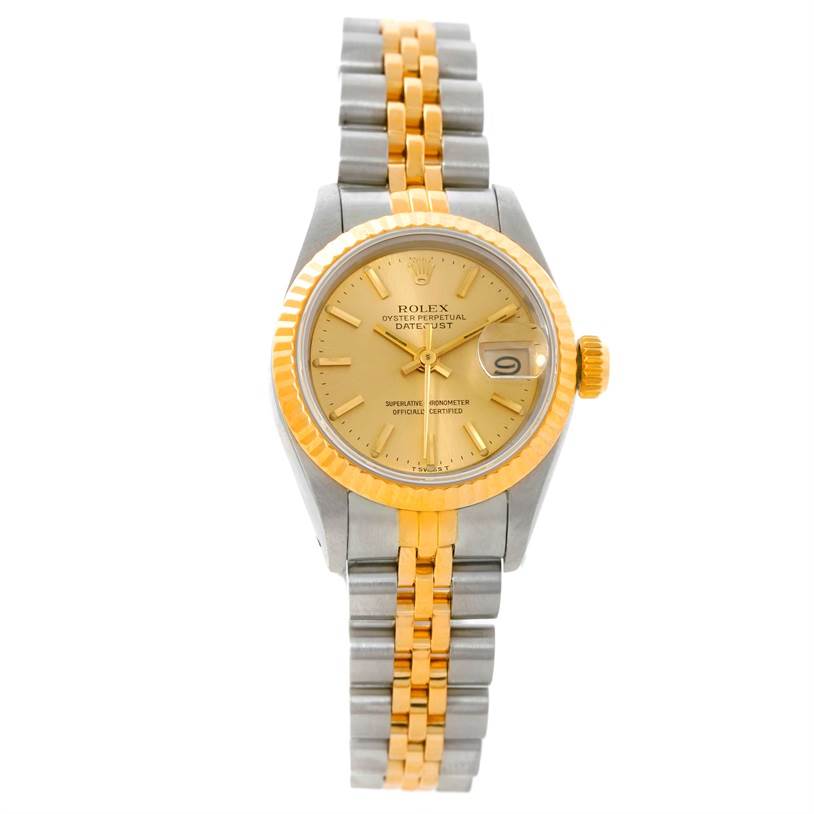 The image shows a Rolex Datejust 69173 Women's Stainless Steel Champagne Dial 69173 Women's Stainless Steel Champagne Dial watch from a front angle, displaying its face, bezel, and two-tone bracelet.