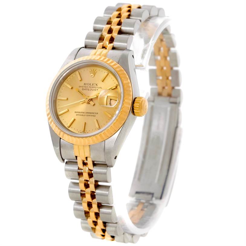 The image shows a front angle of a Rolex Datejust 69173 Women's Stainless Steel Champagne Dial 69173 Women's Stainless Steel Champagne Dial watch, highlighting its gold dial, bezel, and two-tone bracelet.