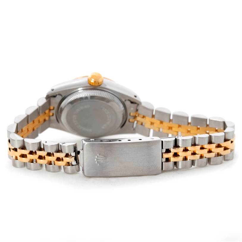 The image shows the back view of a Rolex Datejust 69173 Women's Stainless Steel Champagne Dial 69173 Women's Stainless Steel Champagne Dial watch, including the case back, crown, and Jubilee bracelet.