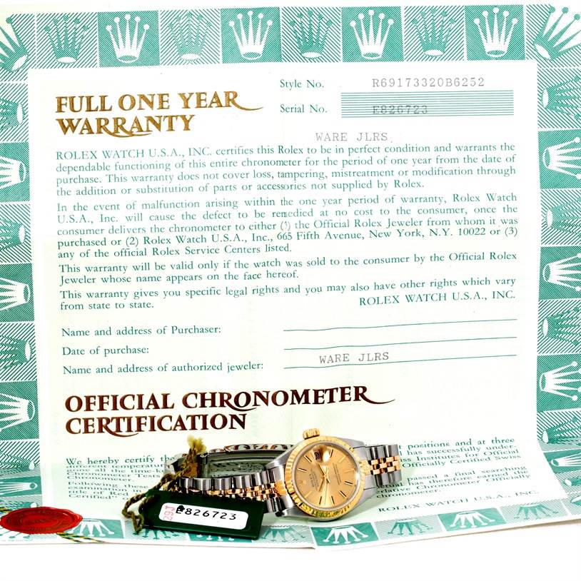 The image shows the front view of a Rolex Datejust 69173 Women's Stainless Steel Champagne Dial 69173 Women's Stainless Steel Champagne Dial watch alongside its official chronometer certification and warranty card.