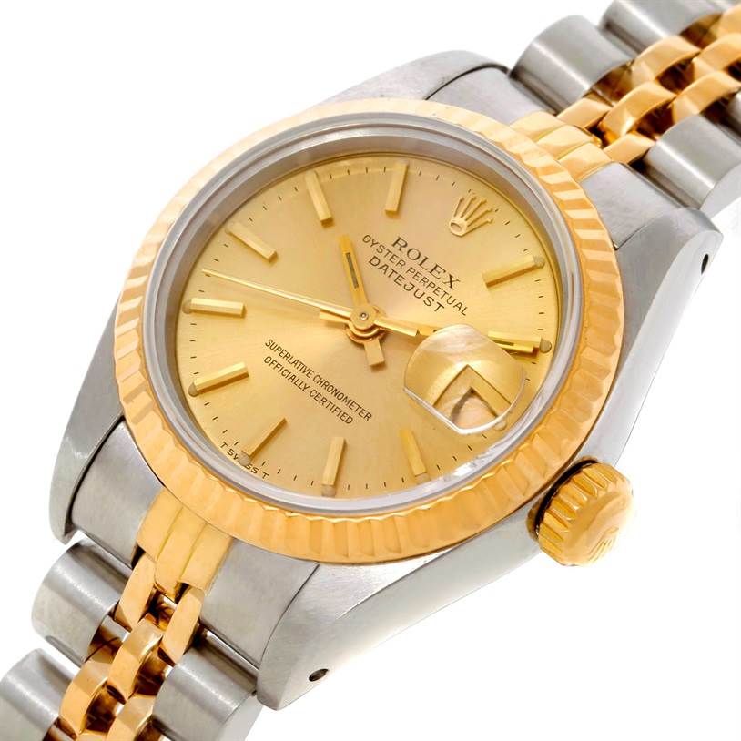 The image shows a close-up angled view of a Rolex Datejust 69173 Women's Stainless Steel Champagne Dial 69173 Women's Stainless Steel Champagne Dial watch, highlighting the dial, bezel, crown, and part of the bracelet.