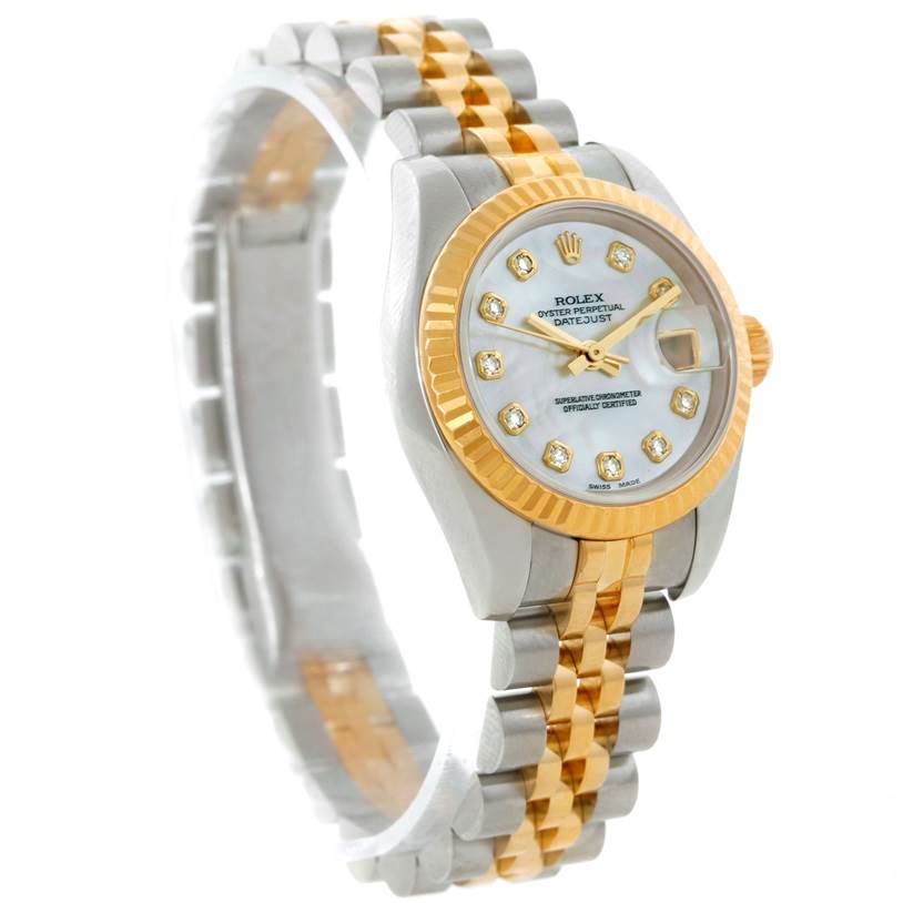 The Rolex Datejust 179173 Women's Steel and Gold (two tone) Mother of Pearl Dial 179173 Women's Steel and Gold (two tone) Mother of Pearl Dial watch is shown at an angle highlighting the face, bezel, and two-tone bracelet.