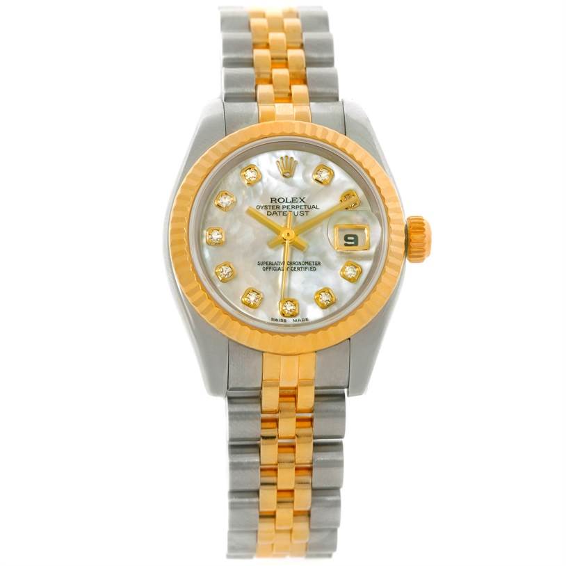 This image shows a front view of the Rolex Datejust 179173 Women's Steel and Gold (two tone) Mother of Pearl Dial 179173 Women's Steel and Gold (two tone) Mother of Pearl Dial watch, displaying its face, bezel, and two-tone bracelet.