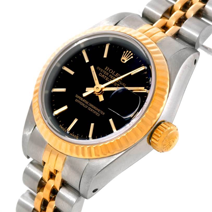 The image shows a Rolex Datejust 69173 Women
s Stainless Steel Black Dial 69173 Women
s Stainless Steel Black Dial watch angled to display the face, bezel, crown, and part of the bracelet.