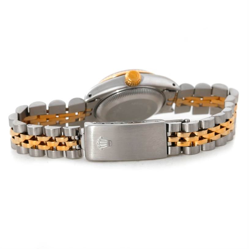 The image shows the back view of a Rolex Datejust 69173 Women
s Stainless Steel Black Dial 69173 Women
s Stainless Steel Black Dial watch, highlighting its two-tone bracelet and clasp.