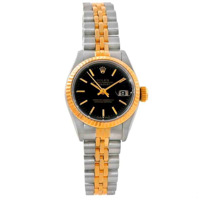 This image shows a Rolex Datejust 69173 Women
s Stainless Steel Black Dial 69173 Women
s Stainless Steel Black Dial watch from a front angle, highlighting its dial, bezel, and two-tone bracelet.