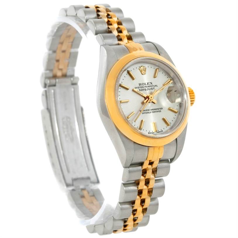 The Rolex Datejust 69173 Women's Stainless Steel Silver Dial 69173 Women's Stainless Steel Silver Dial watch is shown at a slight angle, highlighting the two-tone bracelet, dial, and bezel.